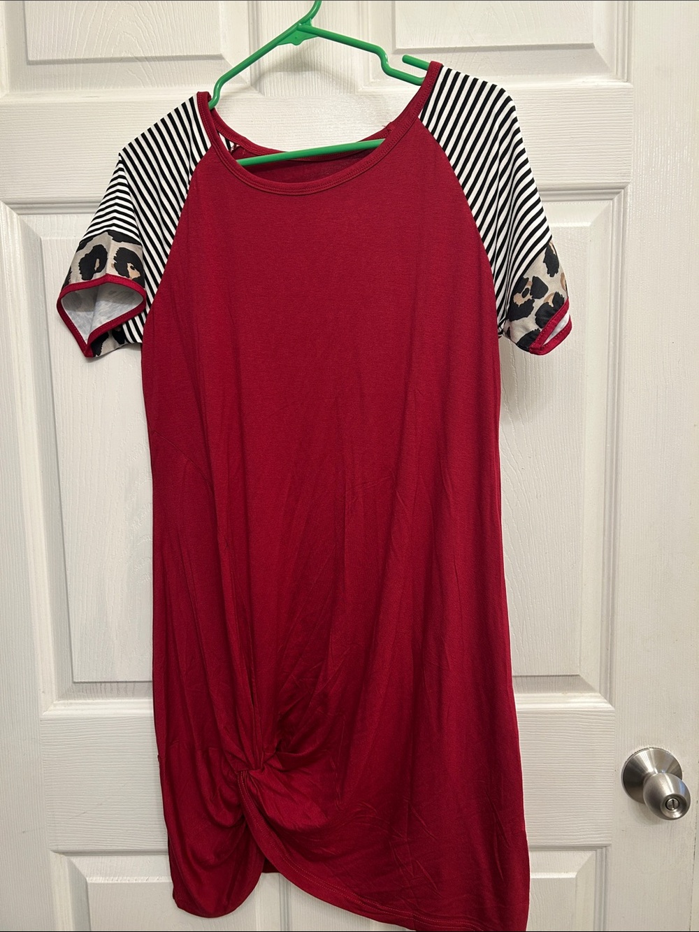 Red Knit Dress with Striped and Leopard Sleeve Accents